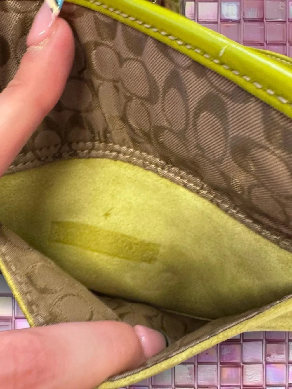 Coach Yellow-Lime Suede Wristlet Clutch with Patent Trim - Picture 6 of 6